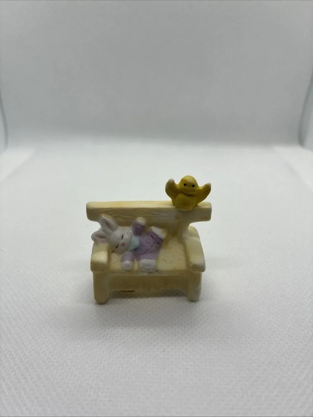 Vintage Easter Bunny Bench Figurine Sleeping Rabbit Chick Resin Mini Decor